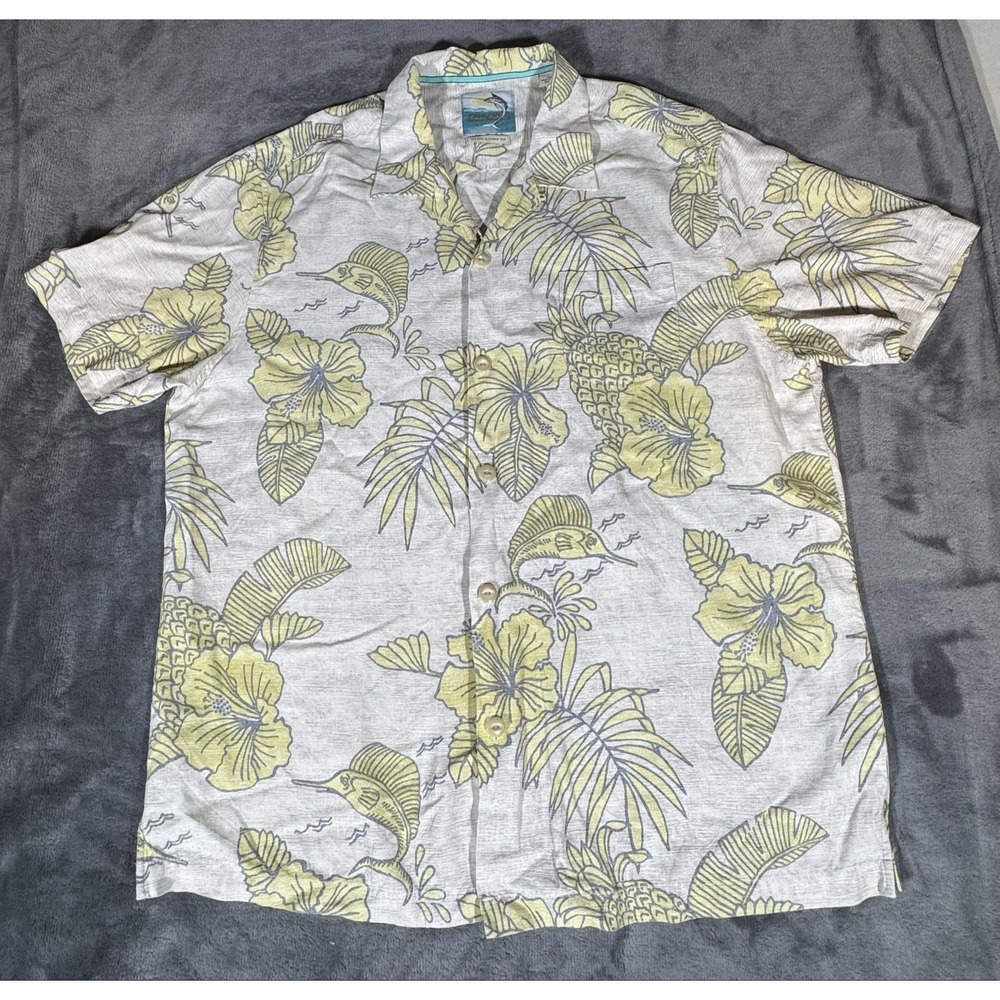 Tommy Bahama Shirt Mens Large Gray Silk Hawaiian Marlin Floral Island Modern